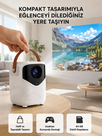 Mini Akıllı Projektör – 1080p Full Hd, 64gb Depolama, 2gb Ram, Uzaktan Kumanda Destekli Yeni Nesil -MİRAYLİFE