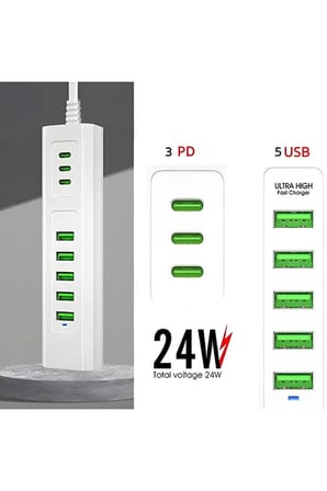 8 Portlu Çoklu Usb Şarj İstasyonu 5 Usb + 3 Type-c Masaüstü Çoklu Şarj Cihazı -MİRAYLİFE