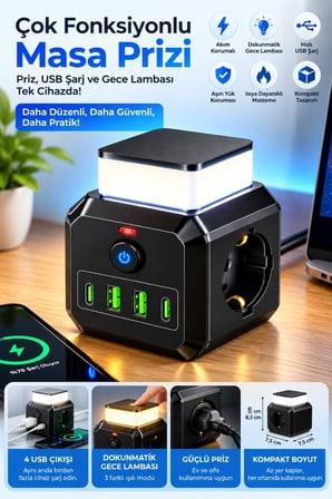 Akım Korumalı 3’lü Priz 2200w 1050j 10a Gece Lambalı 2 Usb 2 Type-c Şarj Girişli Bsp-4 -MİRAYLİFE