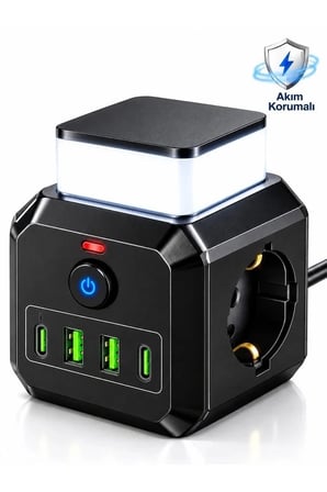 Akım Korumalı 3’lü Priz 2200w 1050j 10a Gece Lambalı 2 Usb 2 Type-c Şarj Girişli Bsp-4 -MİRAYLİFE