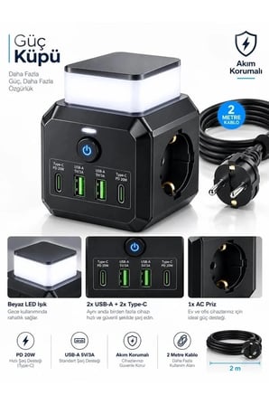 Akım Korumalı 3’lü Priz 2200w 1050j 10a Gece Lambalı 2 Usb 2 Type-c Şarj Girişli Bsp-4 -MİRAYLİFE