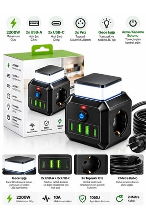 Akım Korumalı 3’lü Priz 2200w 1050j 10a Gece Lambalı 2 Usb 2 Type-c Şarj Girişli Bsp-4 -MİRAYLİFE