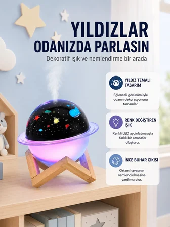 Projektör Işıklı Ve Aromaterapi Destekli Taşınabilir Nemlendirici Cihaz Usb Bağlantılı -MİRAYLİFE