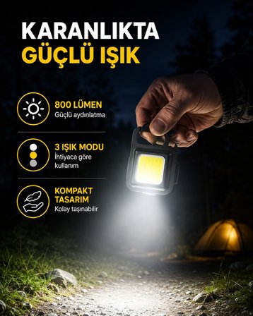 Şarjlı Cob Led Anahtarlık Fener – 4 Modlu, Manyetik Ve Katlanabilir Standlı Yeni Nesil -MİRAYLİFE