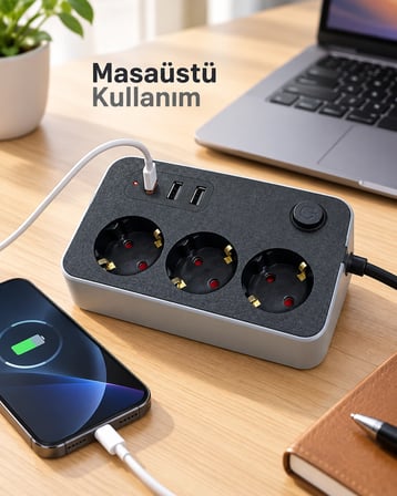 Masaüstü Kullanıma Uygun Anahtarlı Usb Ve Type C Çıkışlı Termal Akım Korumalı Priz -MİRAYLİFE