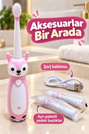 Çocuk Elektrikli Diş Fırçası Pembe Geyik Figürlü Şarjlı -MİRAYLİFE