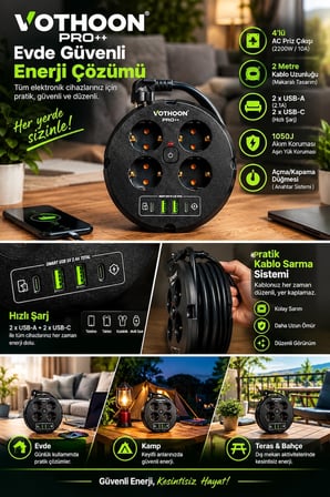4’lü Priz Makarası 2 Metre Kablolu, 2 Usb-a + 2 Usb-c Şarj Çıkışlı, Açma/kapama Düğmeli, 2200w 10a -MİRAYLİFE