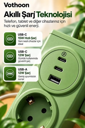 4’lü Akıllı Priz Tek Dokunuşla Fiş Çıkarma 2 Metre Kablo 2 Type-c + Usb 15w Hızlı Şarj 3680w -MİRAYLİFE
