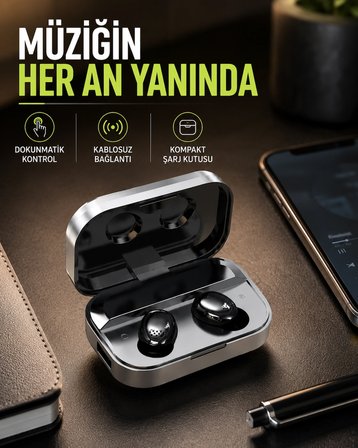 Gerçek Kablosuz Kulaklık – Bluetooth 5.0, Şarj Kutulu, Parmak İzi Kontrollü -MİRAYLİFE