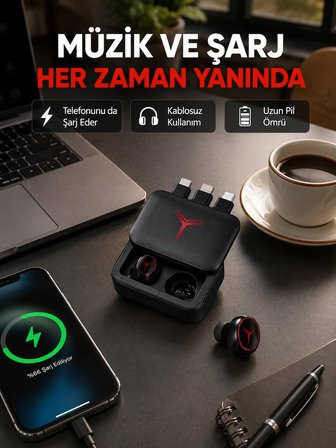 Powerbank Özellikli Bluetooth Kablosuz Kulaklık – Dokunmatik Kontrol, Uzun Pil Ömrü, Ergonomik Tasarım -MİRAYLİFE