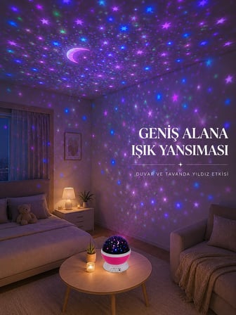 Yıldızlı Gökyüzü Projektörü Pembe Renkli Döner Çocuk Odası Gece Lambası -MİRAYLİFE