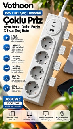 4’lü Akıllı Priz Tek Dokunuşla Fiş Çıkarma 2 Metre Kablo 2 Type-c + Usb 15w Hızlı Şarj 3680w Krem -MİRAYLİFE