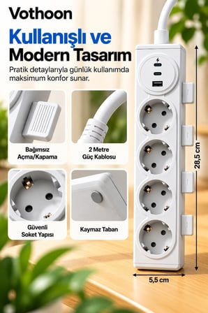 4’lü Akıllı Priz Tek Dokunuşla Fiş Çıkarma 2 Metre Kablo 2 Type-c + Usb 15w Hızlı Şarj 3680w Krem -MİRAYLİFE