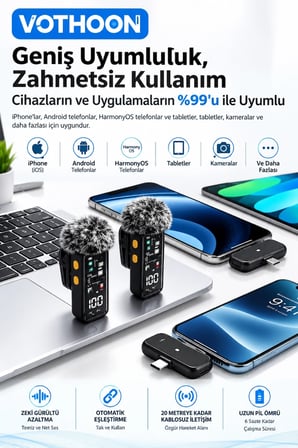 Yüksek Kalite Kablosuz Yaka Mikrofonu – Type-c Lightning Uyumlu Profesyonel Anc Özellikli -MİRAYLİFE