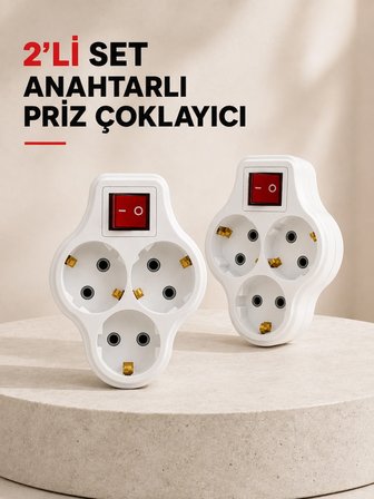 Anahtarlı 3 Çıkışlı Priz Çoğaltıcı Ev Ofis İçin Kablosuz 2’li Avantajlı Set -MİRAYLİFE