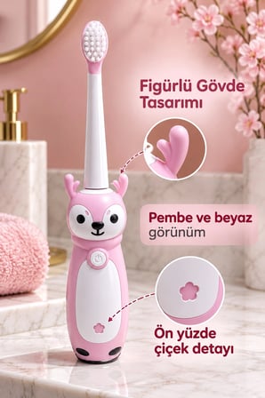 Elektrikli Diş Fırçası Pembe Beyaz Geyik Tasarımlı -MİRAYLİFE