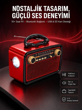 Nostaljik Görünümlü Ahşap Radyo Tf Sd Usb Girişli Led Fener Işıklı -MİRAYLİFE