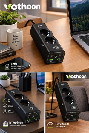 Akım Korumalı Priz 2 Ac Soket 2 Usb-a 2 Usb-c 35w Hızlı Şarj 1050j Koruma 2 Mt Kablo 2200w -MİRAYLİFE