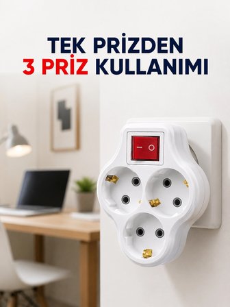 Tek Prizi 3’lü Yapan Anahtarlı Priz Adaptörü Topraklı Priz Çoğaltıcı -MİRAYLİFE