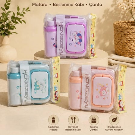 Çocuklar İçin Beslenme Seti - Sızdırmaz Matara  - Beslenme Kabı - Taşıma Çantası