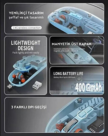 Şeffaf Tasarım Kablosuz Şarjlı Mouse (Bluetooth + USB Çift Mod)
