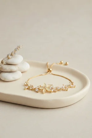 Gold Renk Zirkon Taşlı Pirinç Sedefli Çiçek Model Asansörlü Bileklik -MİRAYLİFE