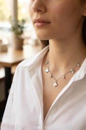 Pirinç Gümüş Renk Zirkon Taşlı Yonca Model Kadın Kolye -MİRAYLİFE