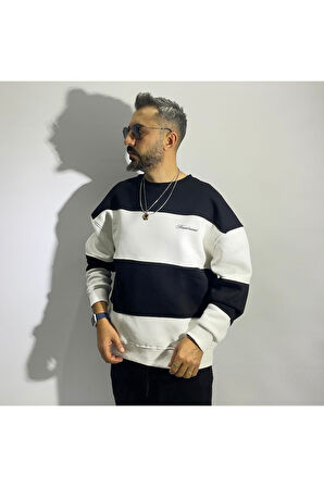 Siyah Beyaz Blok Detaylı Erkek Oversize Sweatshirt