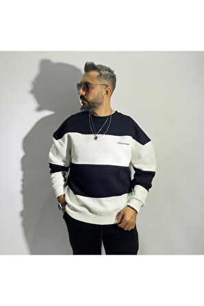 Siyah Beyaz Blok Detaylı Erkek Oversize Sweatshirt