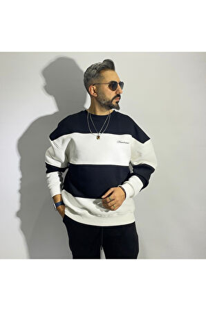 Siyah Beyaz Blok Detaylı Erkek Oversize Sweatshirt