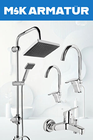 Krom Siyah Robot Duş Seti , Baston Eviye , Lavabo , Banyo Bataryası 4’lü Set