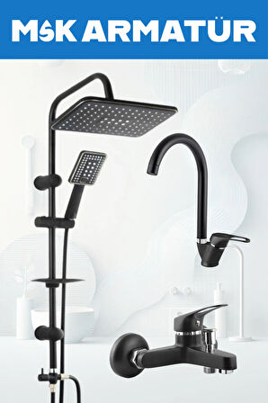 SİYAH KROM BASTON EVİYE LAVABO BANYO BATARYASI LÜX 3 LÜ SET