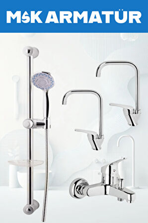 Krom Sürgülü Köşe Eviye Lavabo Banyo Bataryası 4 Lü Set
