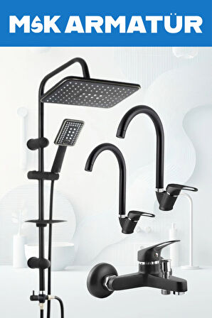 SİYAH KROM BASTON LÜX EVİYE LAVABO BANYO 4 LÜ SET