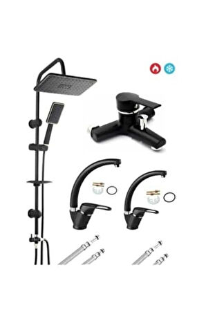 SİYAH KROM ROBOT MİX EVİYE LAVABO BANYO 4 LÜ SET