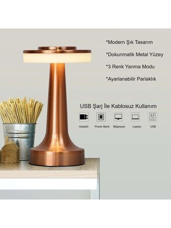 Retro Şarjlı Dokunmatik Metal Masa Lambası – 3 Renk Modlu Dim Edilebilir LED, Kablosuz Taşınabilir Dekoratif Gece Lambası, Restoran Kafe Yatak Odası Masa Lambası