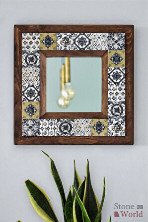 Patchwork Temalı - Desenli Mermer Dekoratif Ayna - 34x34cm - 002.1