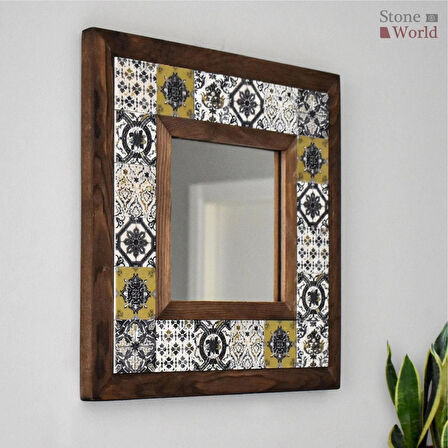 Patchwork Temalı - Desenli Mermer Dekoratif Ayna - 34x34cm - 002.1