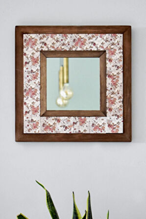 Çiçek Temalı - Desenli Mermer Dekoratif Ayna - 34x34cm - 004.1