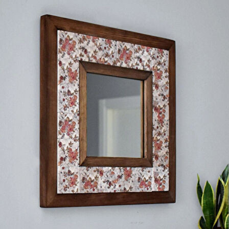 Çiçek Temalı - Desenli Mermer Dekoratif Ayna - 34x34cm - 004.1