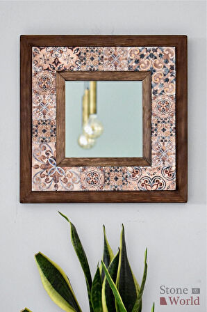 Patchwork Temalı - Desenli Mermer Dekoratif Ayna - 34x34cm - 005.1