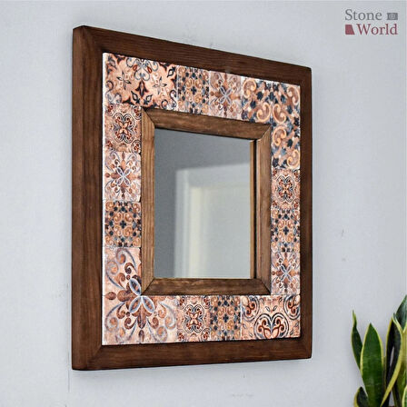 Patchwork Temalı - Desenli Mermer Dekoratif Ayna - 34x34cm - 005.1