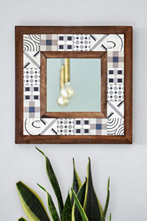 Patchwork Temalı - Desenli Mermer Dekoratif Ayna - 34x34cm - 006.1