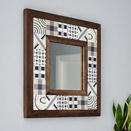 Patchwork Temalı - Desenli Mermer Dekoratif Ayna - 34x34cm - 006.1
