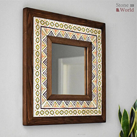 Etnik Temalı - Desenli Mermer Dekoratif Ayna - 34x34cm - 008.1