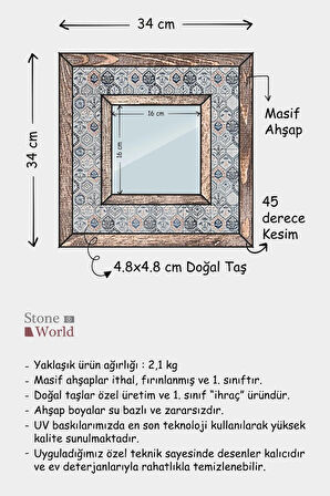Çiçek Temalı - Desenli Mermer Dekoratif Ayna - 34x34cm - 010.1
