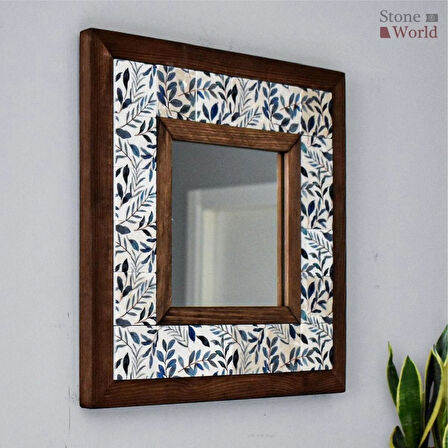 Çiçek Temalı - Desenli Mermer Dekoratif Ayna - 34x34cm - 012.1