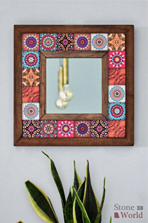 Mandala Temalı - Desenli Mermer Dekoratif Ayna - 34x34cm - 019.1