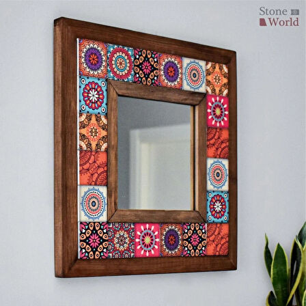 Mandala Temalı - Desenli Mermer Dekoratif Ayna - 34x34cm - 019.1