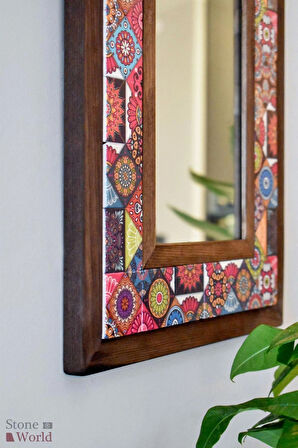 Mandala Temalı - Desenli Mermer Dekoratif Ayna - 34x34cm - 021.1